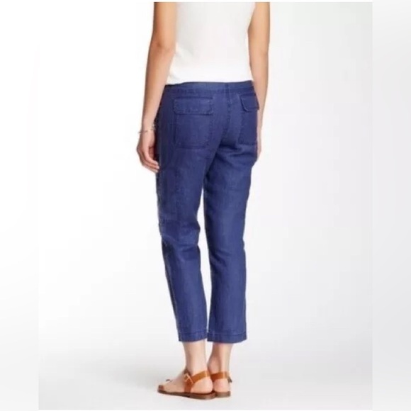 TOMMY BAHAMA 14 Coastal Indigo Blue 100% Linen Cropped Cargo Pants Zipper Pocket - Picture 2 of 13